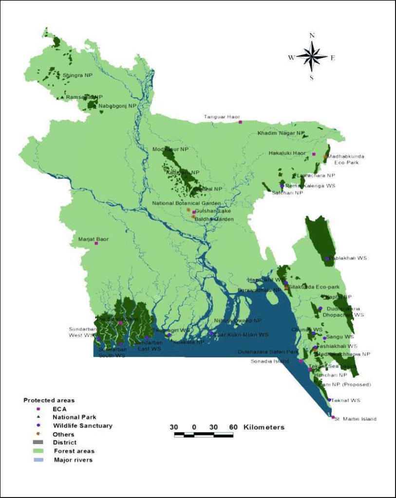 Mapa de las áreas protegidas de Bangladesh