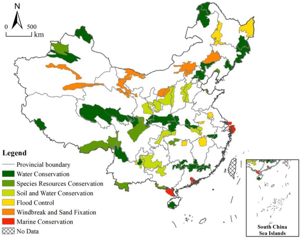 Mapa de los parques nacionales de China y las áreas protegidas