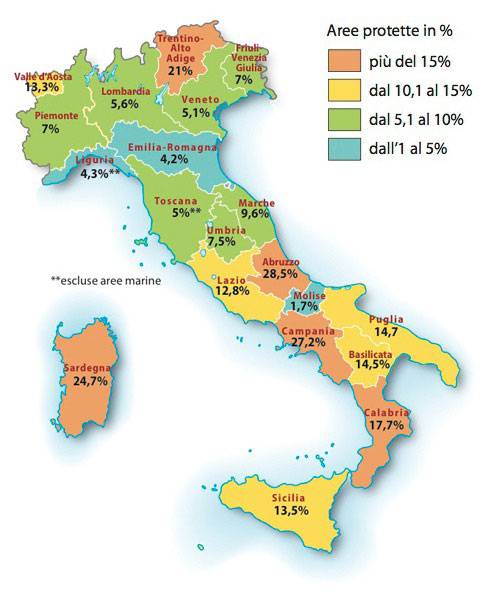 Mapa de Parques Nacionales en Italia y áreas protegidas del país