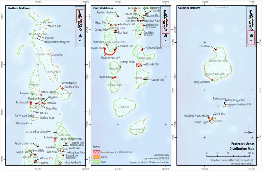 Mapa de las Áreas Protegidas de Maldivas, Reservas de la Biosfera Unesco y Áreas Verdes