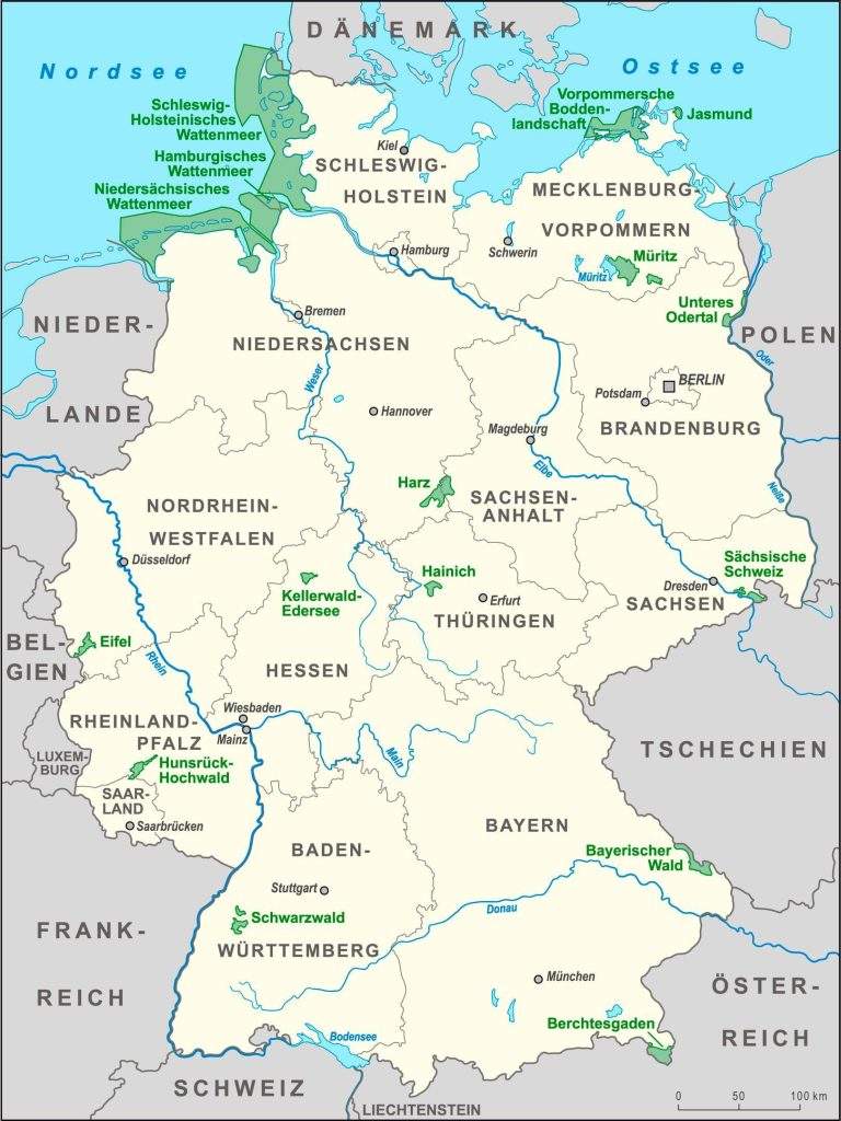 Mapa de localización de los parques nacionales en Alemania