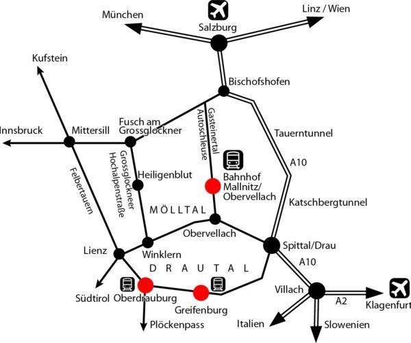 Mapa de transporte del Parque nacional Hohe Tauern, Austria