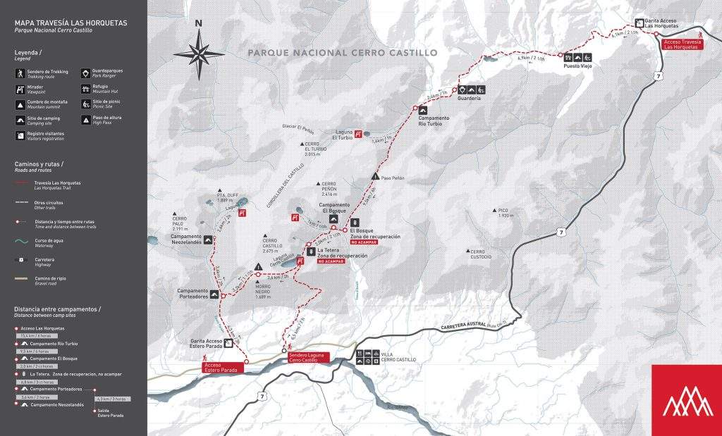 Mapa de las rutas de senderismo y trekking del Parque Nacional Cerro Castillo