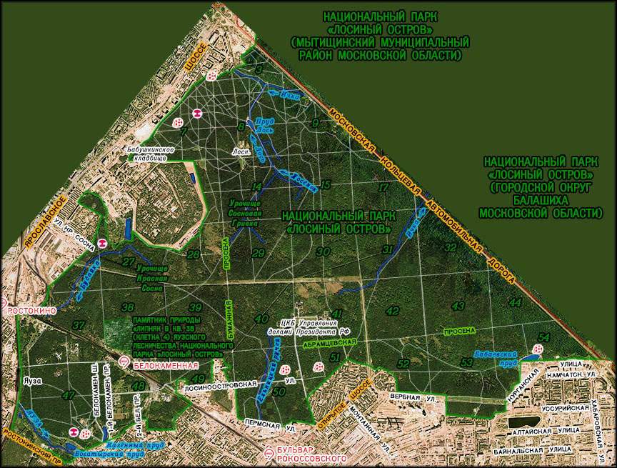 Mapa de la geografía del Parque Nacional Losiny Ostrov de Rusia