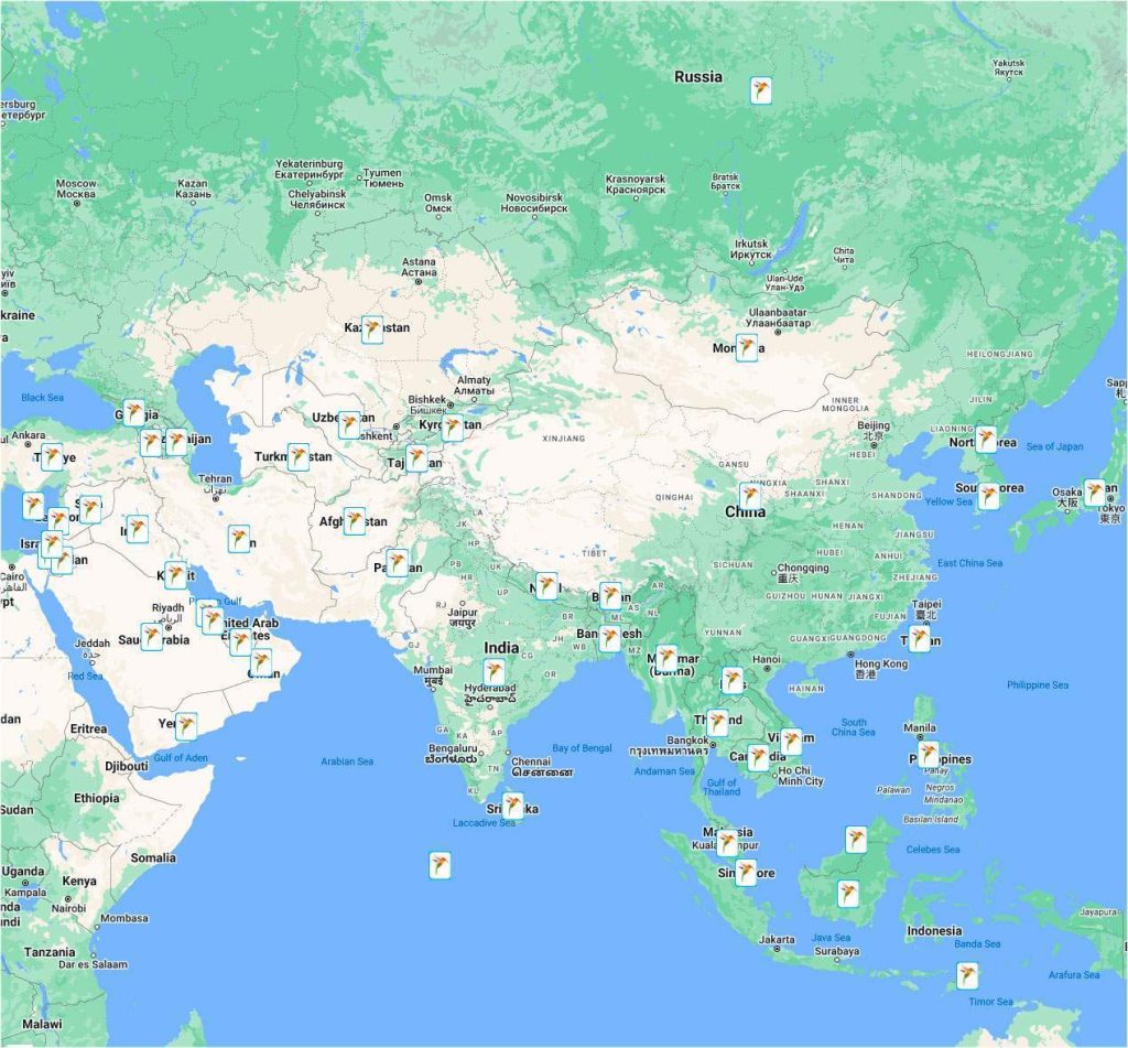 Mapa de los parques nacionales en Asia