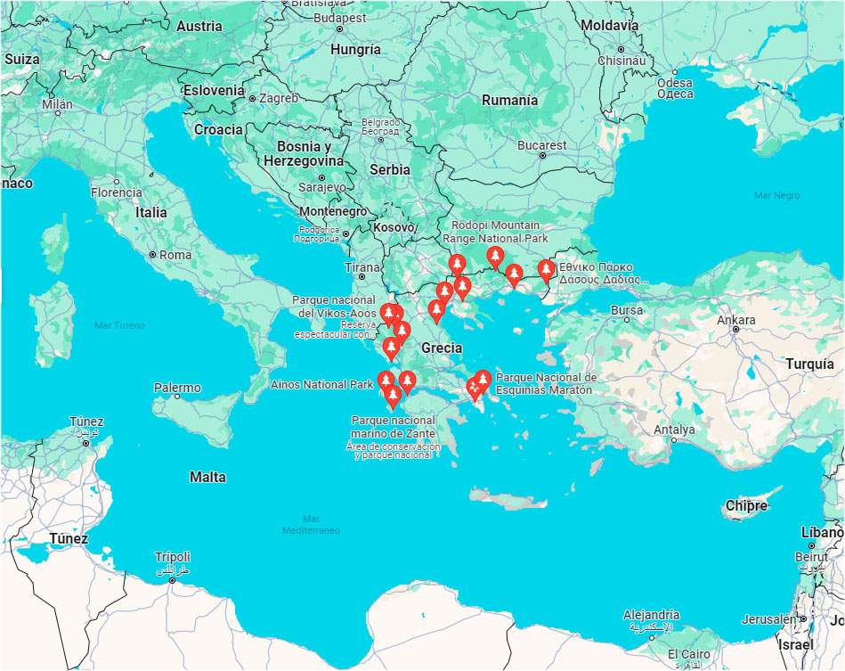 Mapa con la ubicación geográfica de los parques nacionales de Grecia