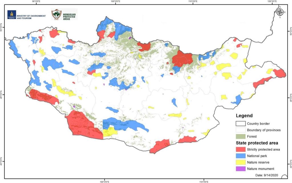 Mapa de parques nacionales de Mongolia y áreas protegidas