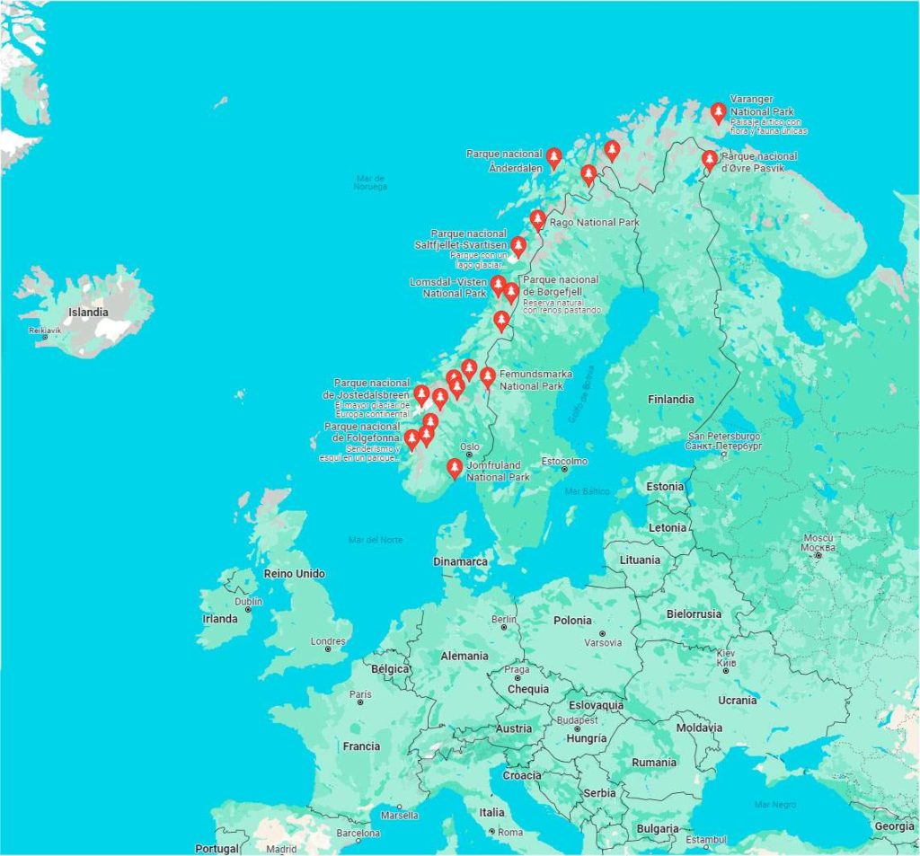 Mapa con la localización geográfica de los parques nacionales de Noruega