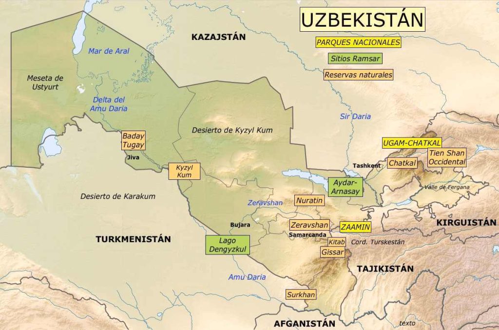 Mapa de los parques nacionales de Uzbekistán, áreas protegidas y reservas naturales