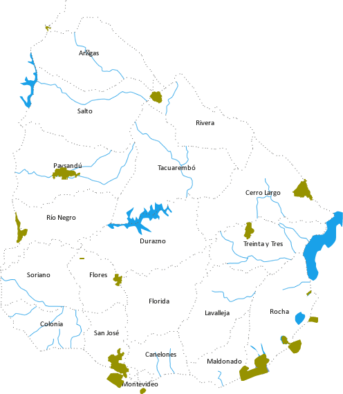 Mapa de las áreas protegidas y parques nacionales de Uruguay