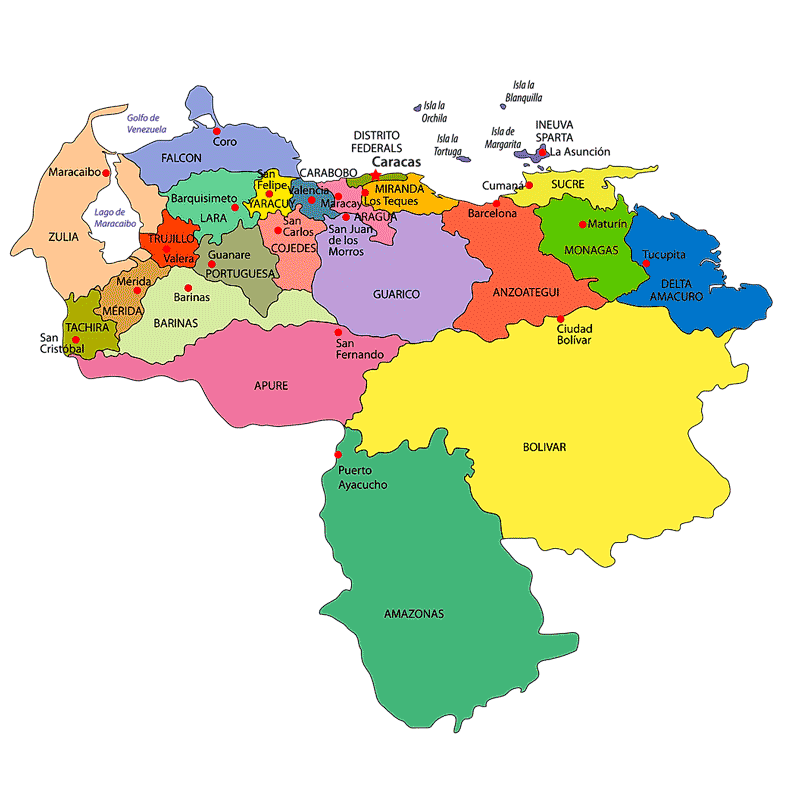 Carte géographique des États du Venezuela avec les parcs nationaux