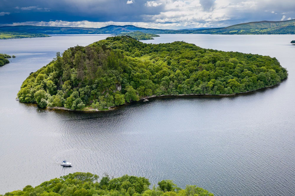 Aerial view of Inchcailloch in Loch Lomond National Nature Reserve