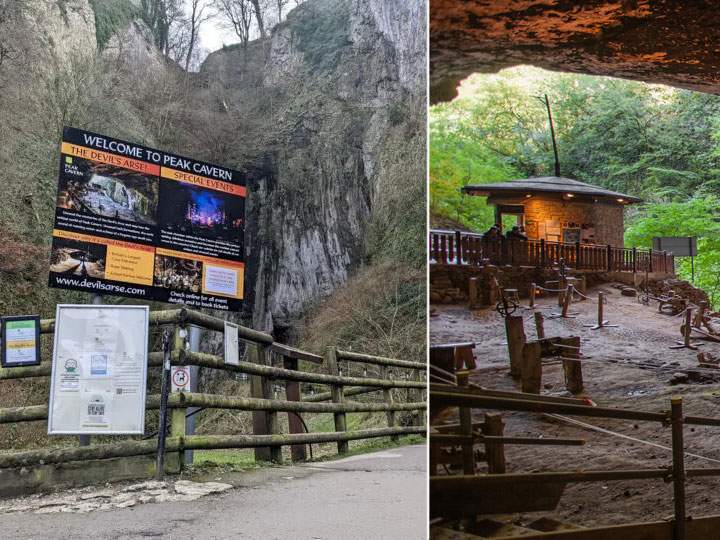Image du panneau d'information de Peak Cavern, également connu sous le nom de Devil's Arse, et une image de l'intérieur de la grotte. Situé à Castleton, Derbyshire, Angleterre.