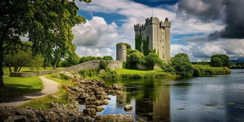 Vue panoramique du château de Ross (Ross Castle en anglais et Caisleán an Rois en gaélique), situé sur les rives de Lough Leane dans le parc national de Killarney, Irlande.