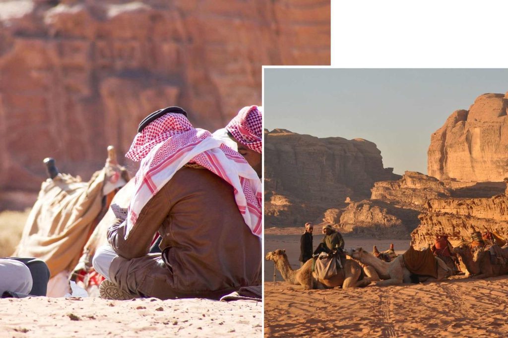 Bedouins in Wadi Rum resting with their camels, Jordan