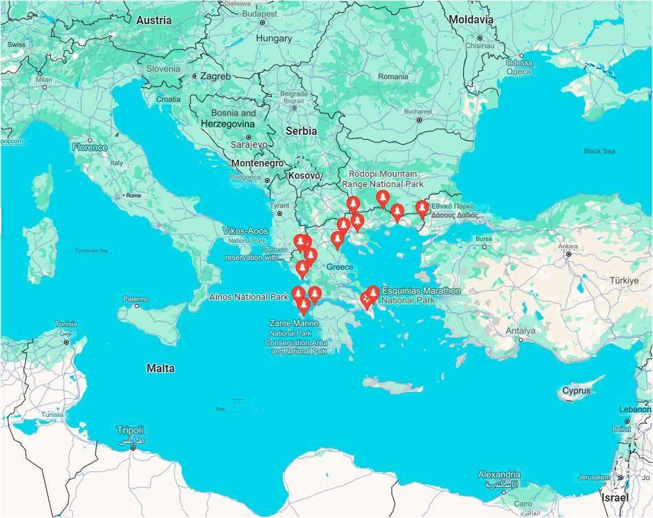 Carte montrant la localisation géographique des parcs nationaux en Grèce