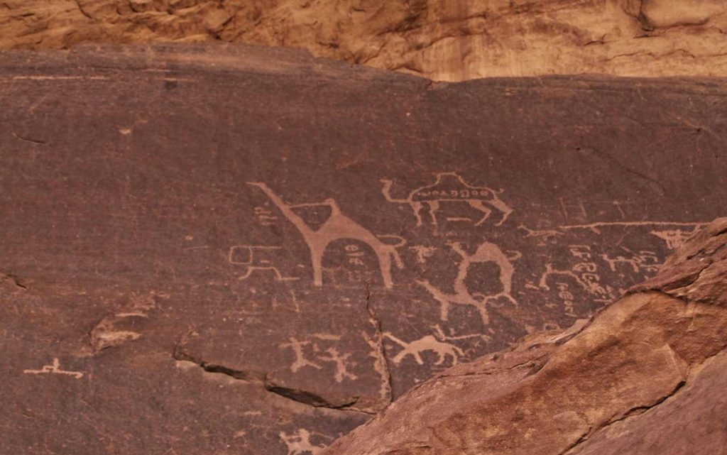 Petroglyphs and rock engravings in Wadi Rum, Jordan